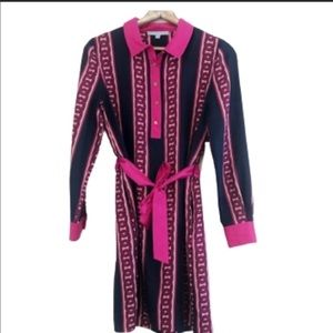 Draper James silk dress chain navy pink LS Sz 10